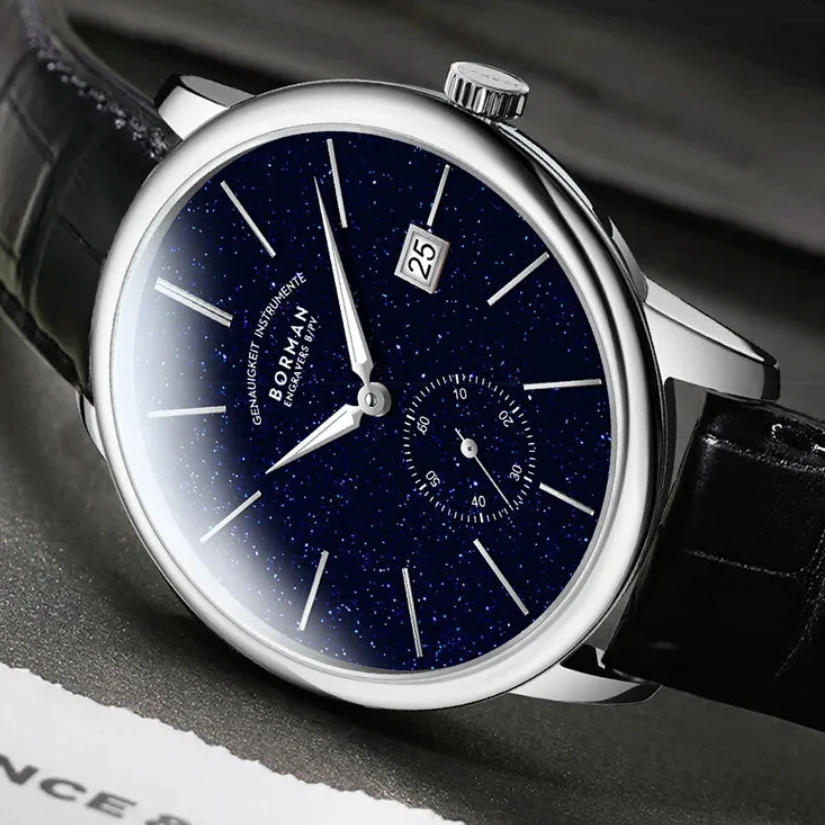 BORMAN Мужские автоматические часы 40 мм Механические наручные часы Ультратонкие 50 м Водонепроницаемый сапфировый зеркальный кожаный ремешок