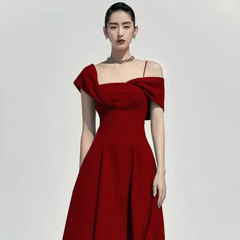 

Red Vintage Women Dress Summer High Waisted Luxury Design Party Vestido Spring Sleeveless Square Neck Elegant Clothing Summer