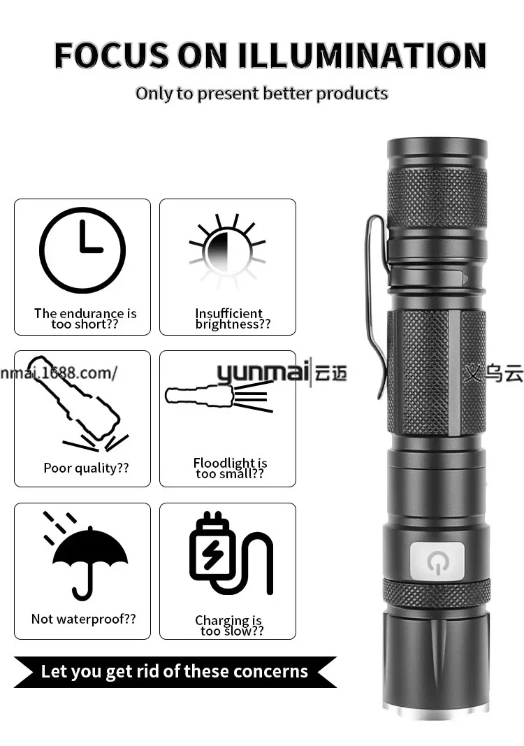 مصباح يدوي LED صغير قابل للتكبير - فانوس صيد خارجي فائق السطوع ومقاوم للماء وقابل لإعادة الشحن