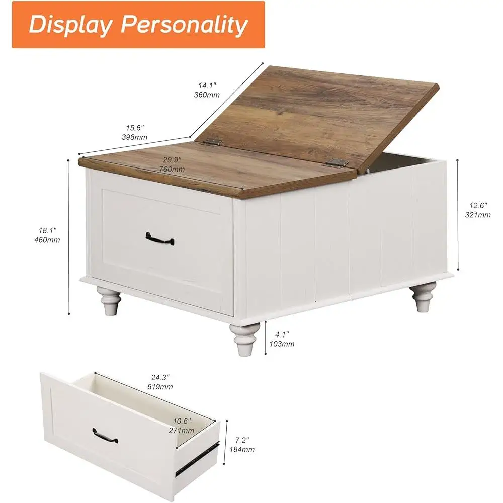 Farmhouse Lift Top Coffee Table with Storage Cabinet Wooden Center Table with Large Drawer Living Room Organization