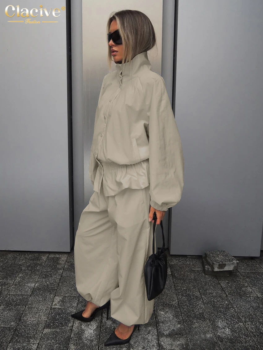 Clacive Fashion Long Sleeve Shirt 2 Pieces Set Woman Casual Loose Blue Pants Set Elegant High Waist Pencil Trousers Suits Female