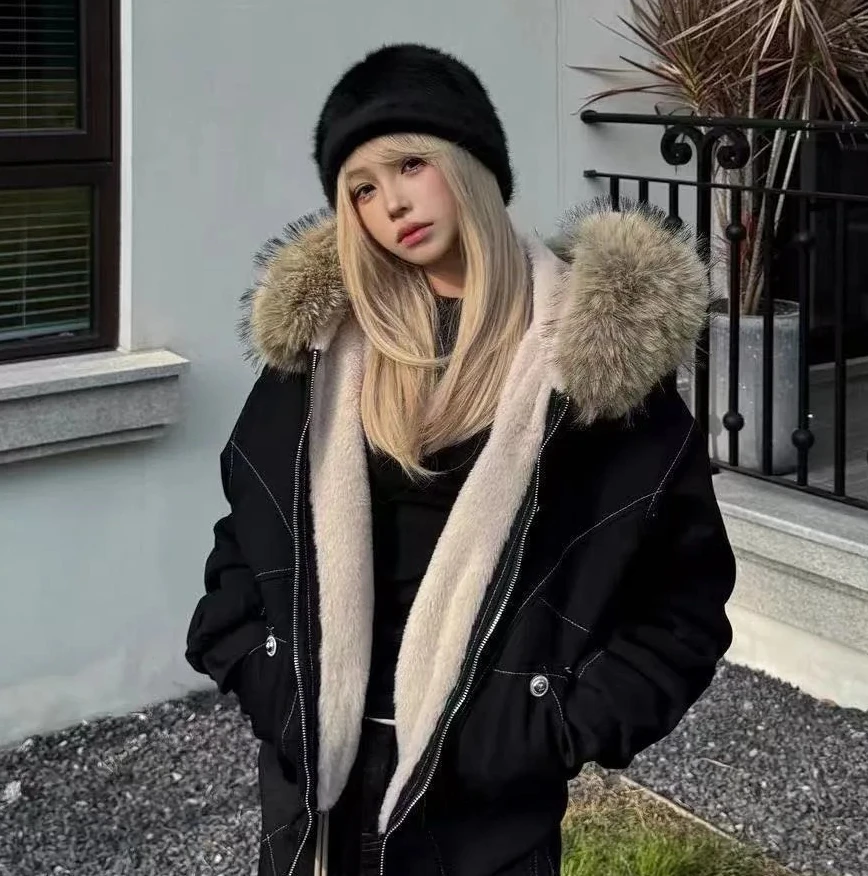 

American Retro Fur Collar Cotton Jacket Women Winter Thickened Hooded Coat Warm Parka for Slim Small Figures Campus