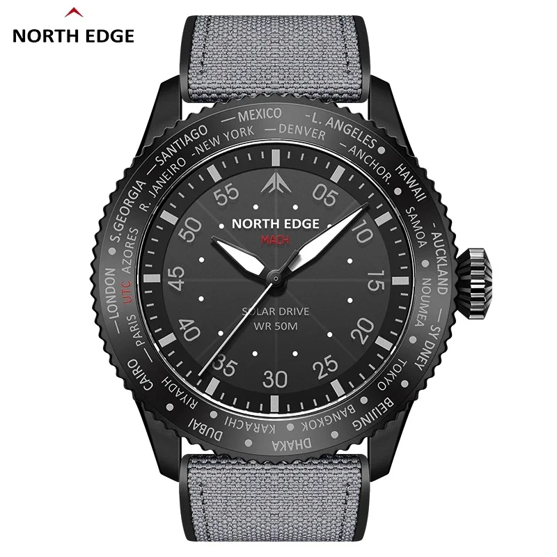NORTH EDGE 2027 MACH Solar Power Quartz watch Men Waterproof 50M Men's Pilot Sports Wristwatches Luminous Enviormentally Clock
