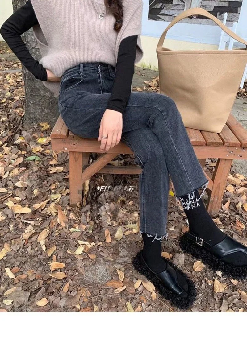 กางเกงยีนส์เอวสูงผ้ายืดสำหรับผู้หญิง รุ่นใหม่สไตล์เกาหลี สีสันสดใส ทรงขาตรง ไซส์ใหญ่พิเศษ