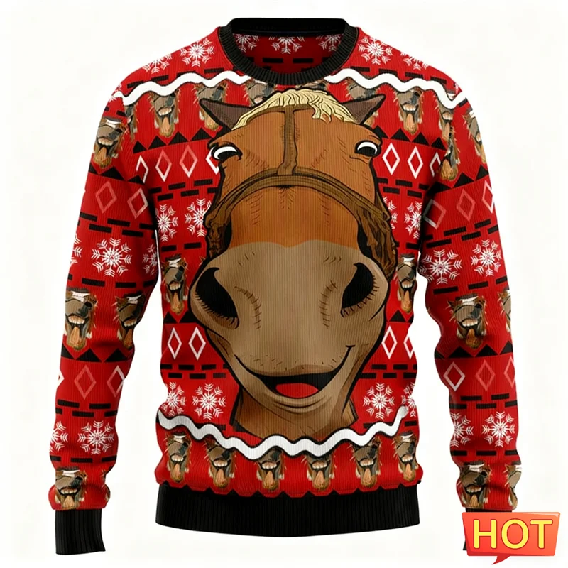 2026 Nieuwe Grappige Paard Gezicht Grafische Lelijke Kerst Hoodies Mode Ronde Hals 3D Gedrukt Kerst Sweatshirts Casual Oversized Trui