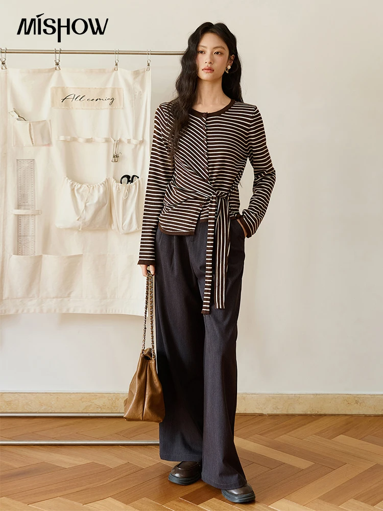 Mishow feminino sólido calças de perna larga 2025 outono moda minimalista de cintura alta calças soltas com bolsos calças mxe46k1090