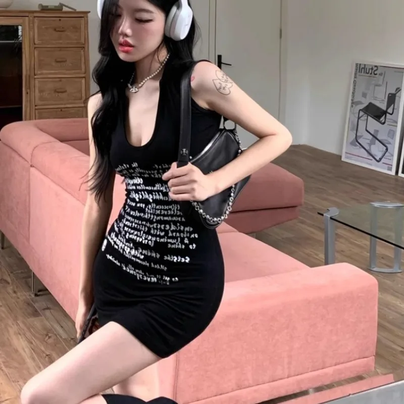 Sleeveless Dresses Women Bodycon Letter Printed Korean Fashion Mini Sundress Sexy Spicy Girls Streetwear Summer Low-cut Vestidos