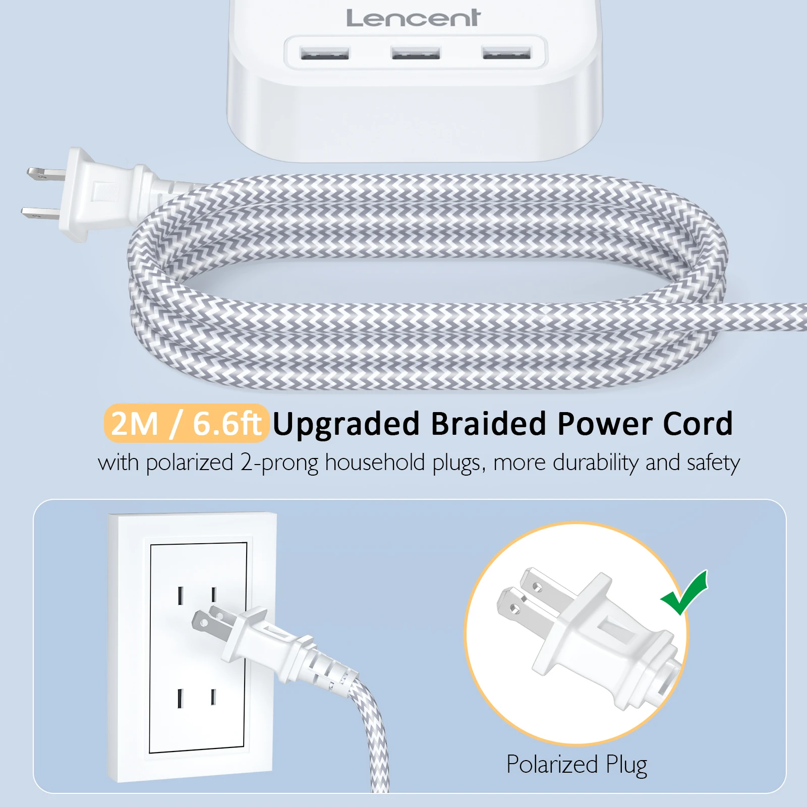 LENCENT Power Strip with 3 AC Outlets 3 USB 3 Prong to 2 Prong Outlet Adapter 6.6ft Braided Extension Cord with Polarized Plug