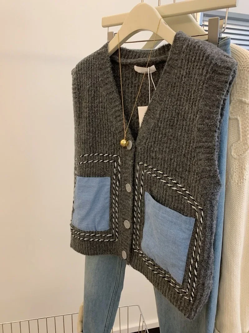 Pull patchwork à col en V pour femme, cardigan vintage, veste Y2K, haut court, streetwear, nouveau, automne