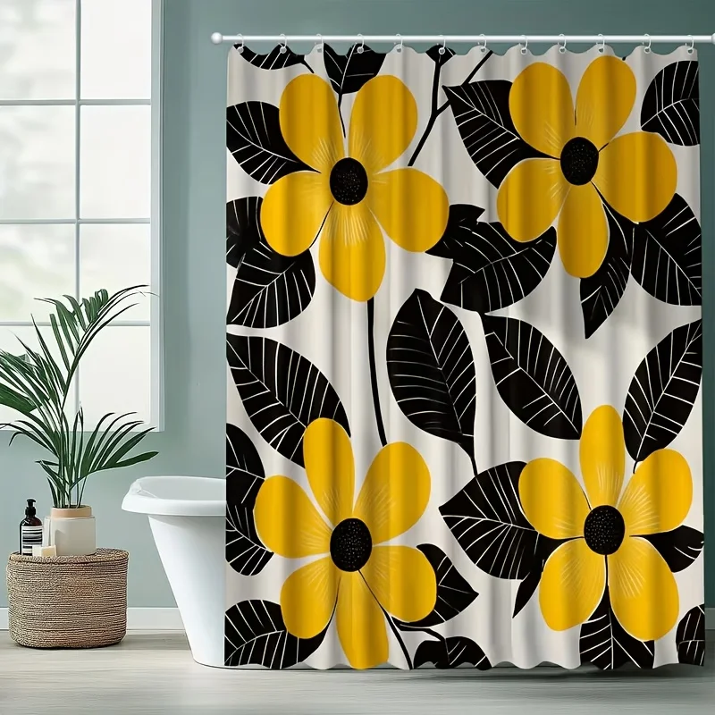 2D Flat, 2D Flat, A Geometric Floral Style Shower Curtain Featuring a 2D Flat Print with Minimalist Yellow And Black Flowers As