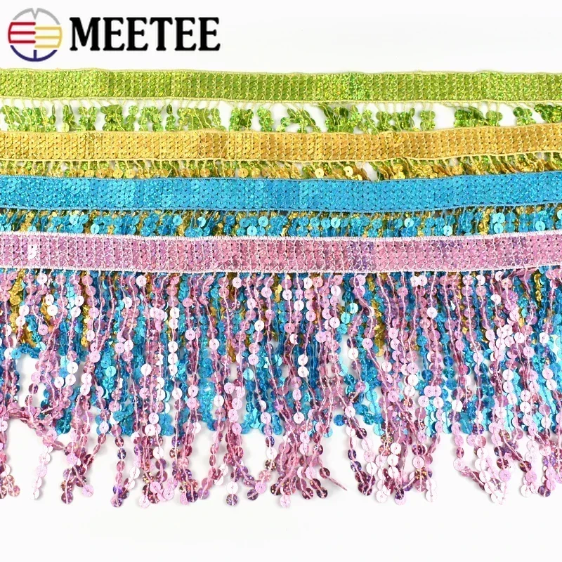 1-9M Meetee cekinowy frędzel frędzle do sukienki do tańca latynoskiego koronkowe wykończenia wstążka frędzle tkanina odzieżowa DIY akcesoria do
