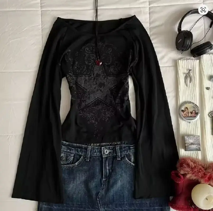 

Women's Hip hop 90s Vintage Punk T-Shirt autumn Streetwear Sexy Short Sleeve Gothic Slim Crop Top Hotgirl Casual Femme Tee y2k