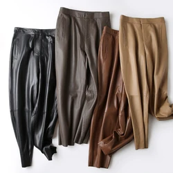 Pantalones bombachos de cuero auténtico para mujer, pantalón de piel de oveja hasta el tobillo, holgado y delgado, primavera y otoño