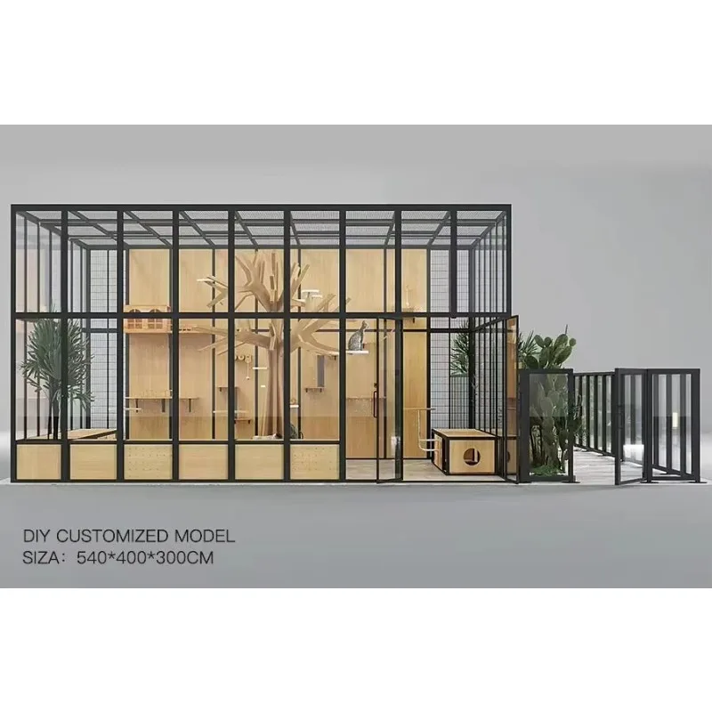 

Customizable Pet Tree Tower Cabinet Carbon Steel Frame Wood Board Tempered Glass Large Space House Villa for Cats And Dogs