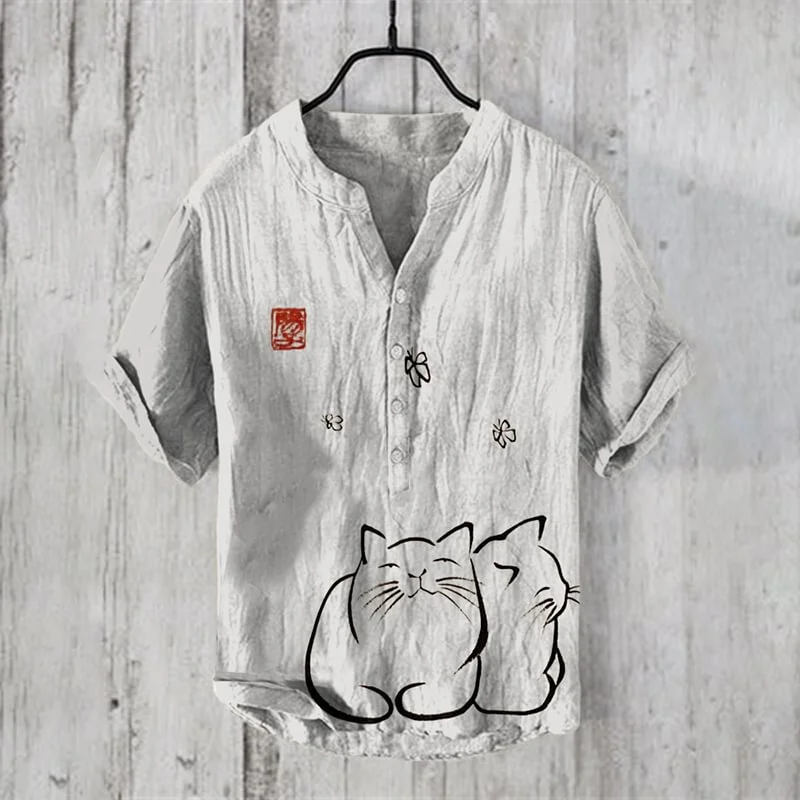 Chemise en tissu de lin à trois boutons pour hommes, impression numérique 3D, motif animal, mode tendance, chemise décontractée, médicaments pour hommes