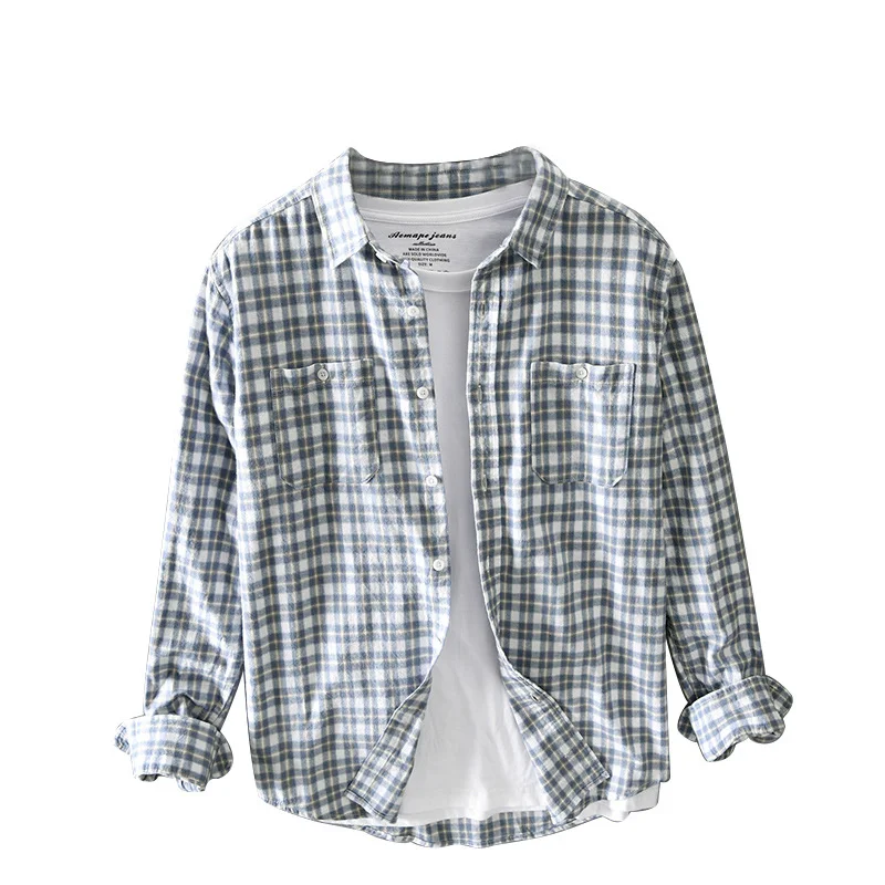 100% Cotton Shirts Grey Plaid Shirt For Men Korean 2022 Fall Casual Long Sleeve Pocket Tops Shirts