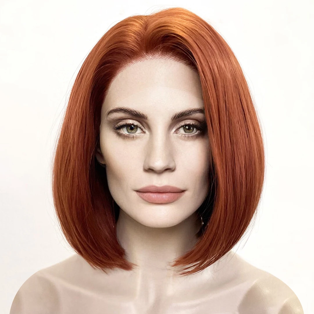 Fantasy Beauty Short Bob Ginger Brown Silky Straight Women Lace Front Wigs Glueless 12Inches Easy Wear Lolita Soft Synthetic Wig