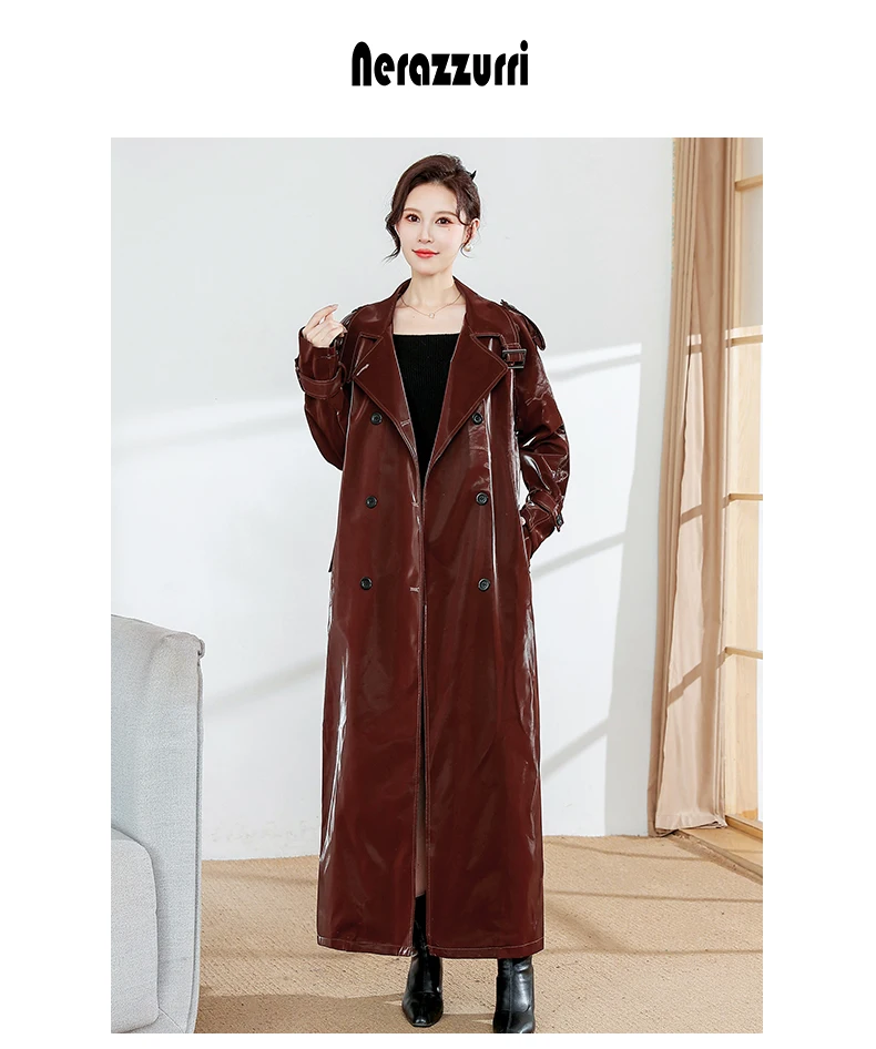 Lautaro Spring Autumn Extra Long Oversized Cool Reflective Shiny Black Patent Leather Trench Coat for Women Belt Runway Fashion