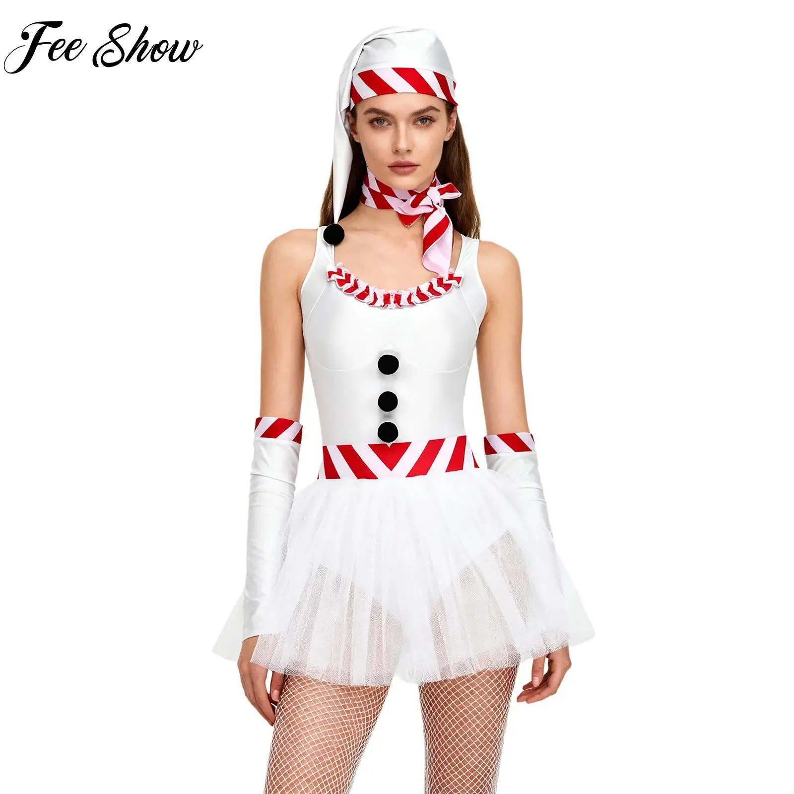 

New Womens Christmas Snowman Dress-up Costume Sleeveless Tulle Tutu Dress with Accessories Set for New Year Xmas Party Dancewear