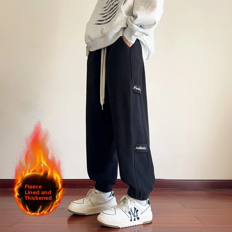

Faionable Fce Lined Casual Pants for Men Warm Slimming High Risen Winter Polyester Fiber Long Loose Fit Sweatpants