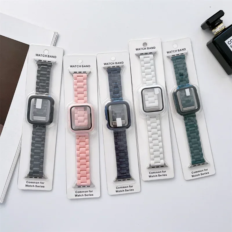 Resin Bracelet+Case For Apple Watch Ultra Band Series 8 7 45mm 41mm Acrylic Watchbands for iWatch SE 6 5 4 44mm 40mm Strap