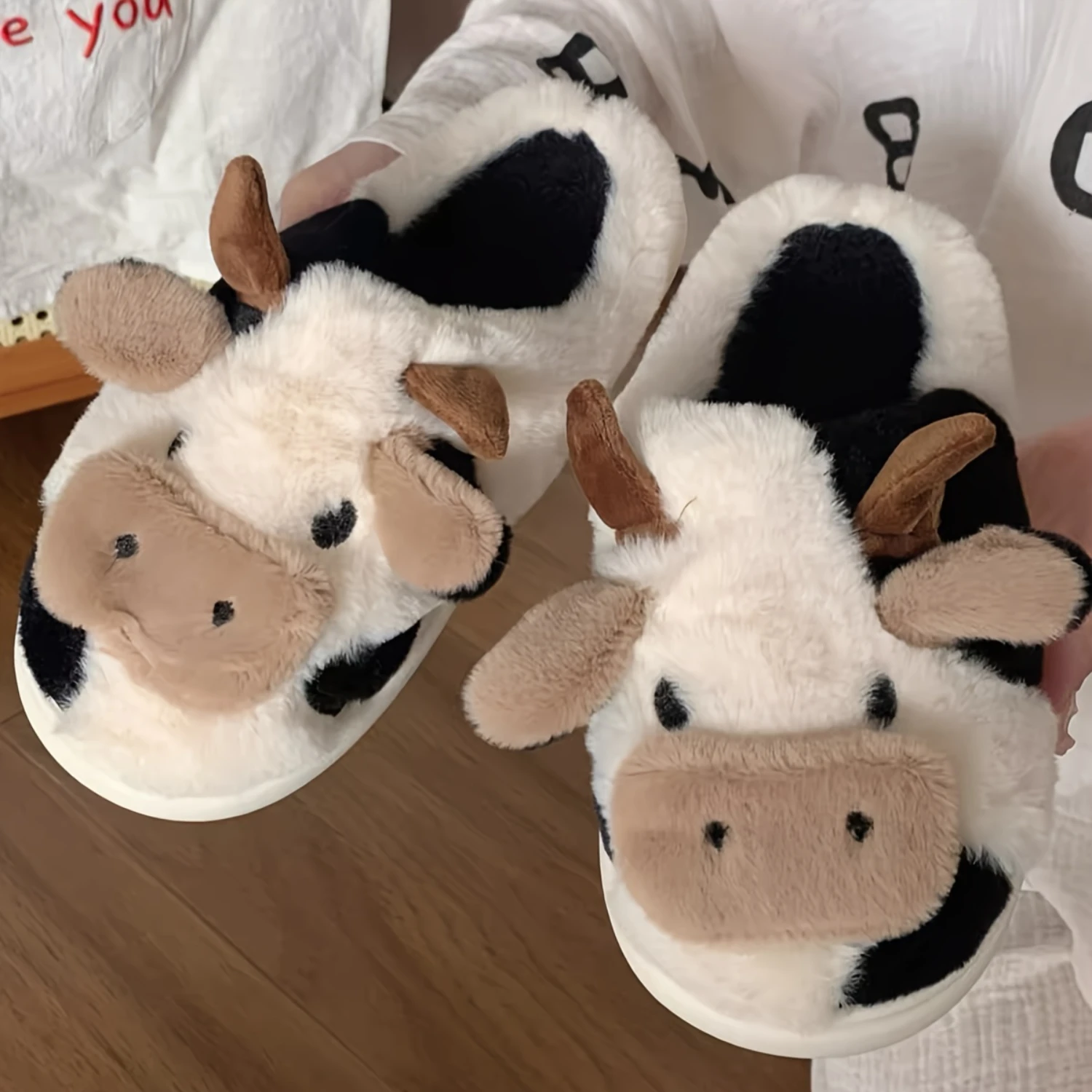 

Cow Print Slippers - Plush Lining, Slip-On Cozy Shoes for Lounging