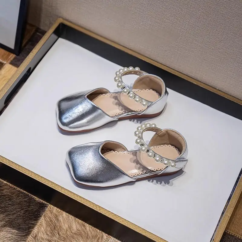

Kids Beaded Strap Leather Shoes for Girls 2025 New Autumn Toddler Walking Shoes Non-slip Trendy Princess Kid School Dance Flats