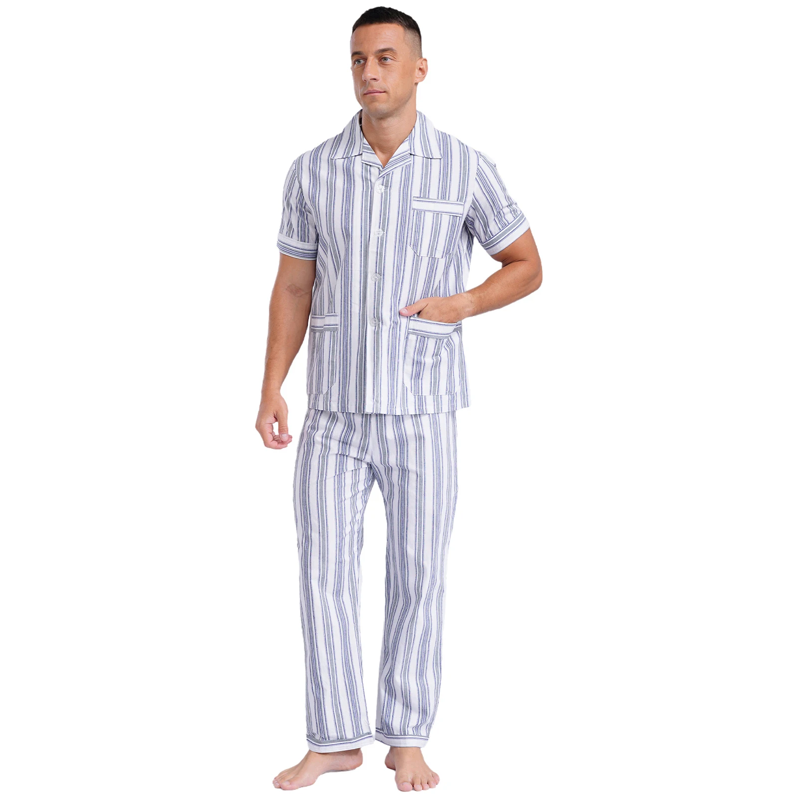 Men's Cotton Striped Sleep Suit Pajama Set Sleepwear Homewear Pockets Button Shirt with Drawstring Pants Lightweight Dailywear