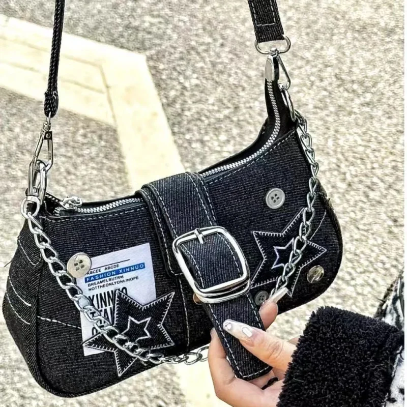 

Y2k Fashion Women's Handbags Stars Pattern Cool Girls Underarm Bag Vintage Canvas Female Small Shoulder Bags Chain Tote Purses