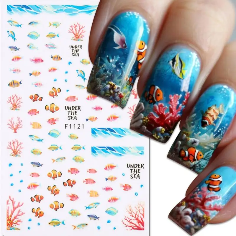 1 시트 홀로그램 해파리 돌고래 네일 아트 스티커 3D 인어 오션 쉘 네일 데칼 접착제 오션 비치 디자인 손톱