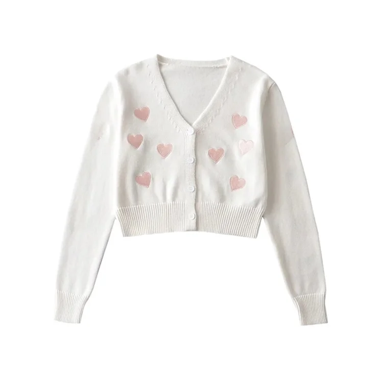 

American Girl Blogger Loose Short Cardigan V-neck Love Embroidered Knitted Sweater Single-breasted Top for Women