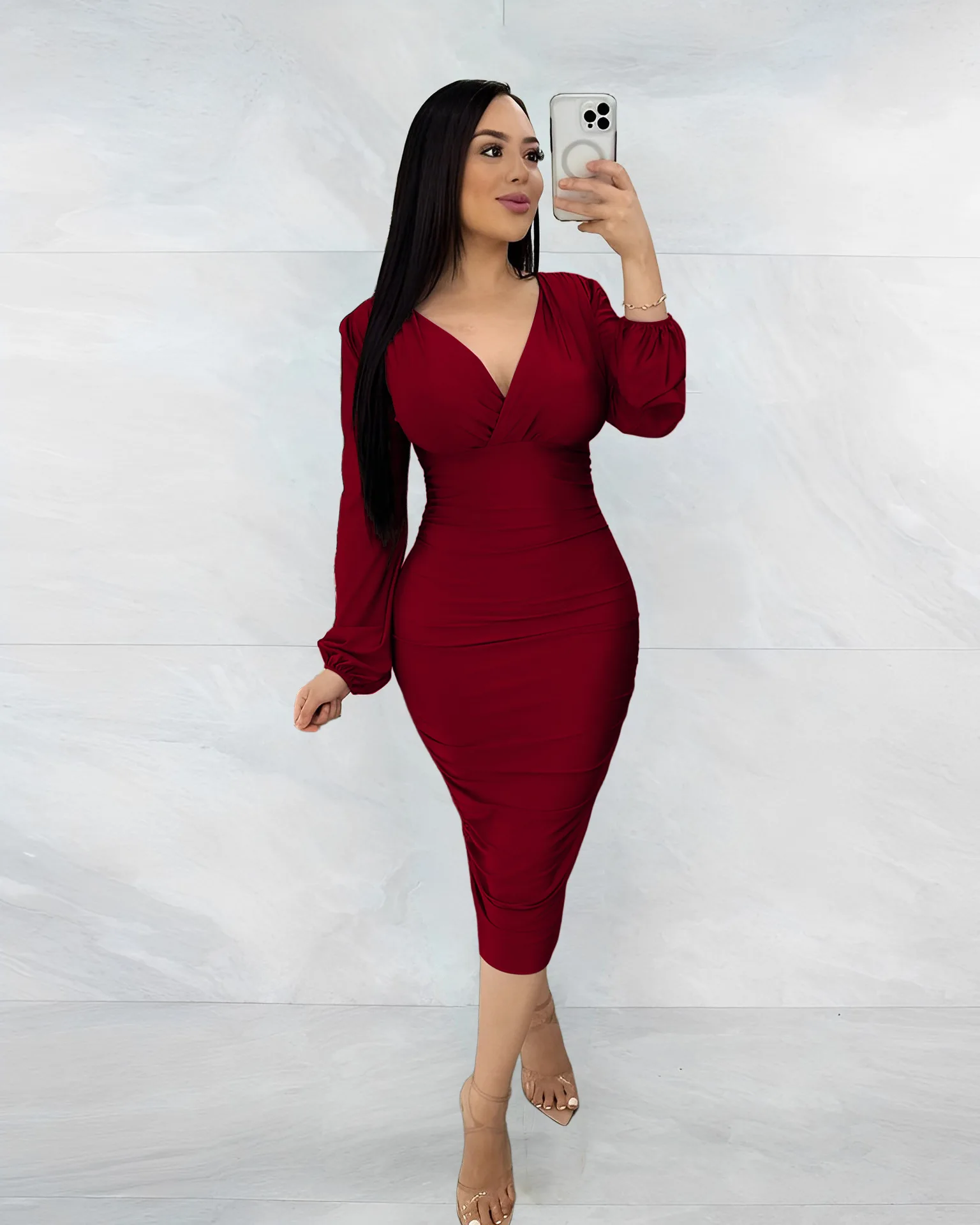 

High Quality Luxury Brand Women's Clothing Autumn New Product V-neck Pleated Wrap Buttocks Dress Sexy Mid Length Style Design