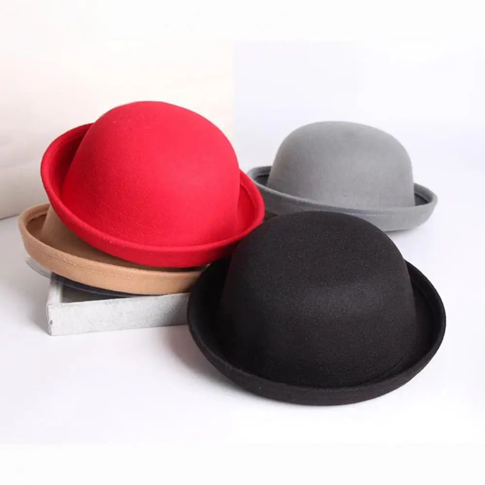 Flat-top Fedora Hat Imitation Wool Jazz Hat Unisex Japanese Style Wide Brim Ladies Round Hat Parties Cosplay Bowler Cap Headgear