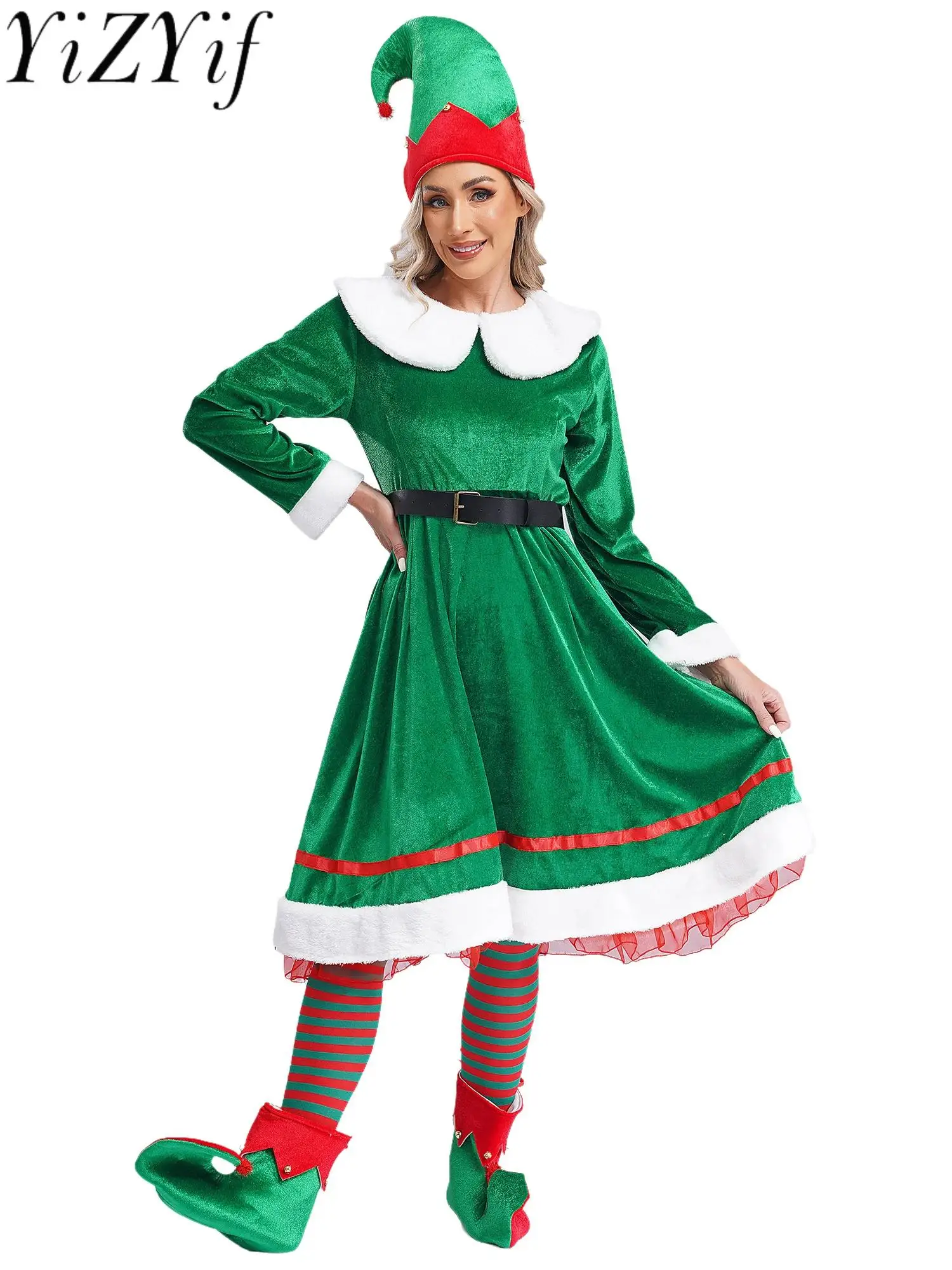 Disfraz de elfo de Navidad para mujer, disfraz de ayudante de Papá Noel, vestido de franela de manga larga, conjunto de Cosplay, traje de terciopelo para fiesta navideña, 5 uds.