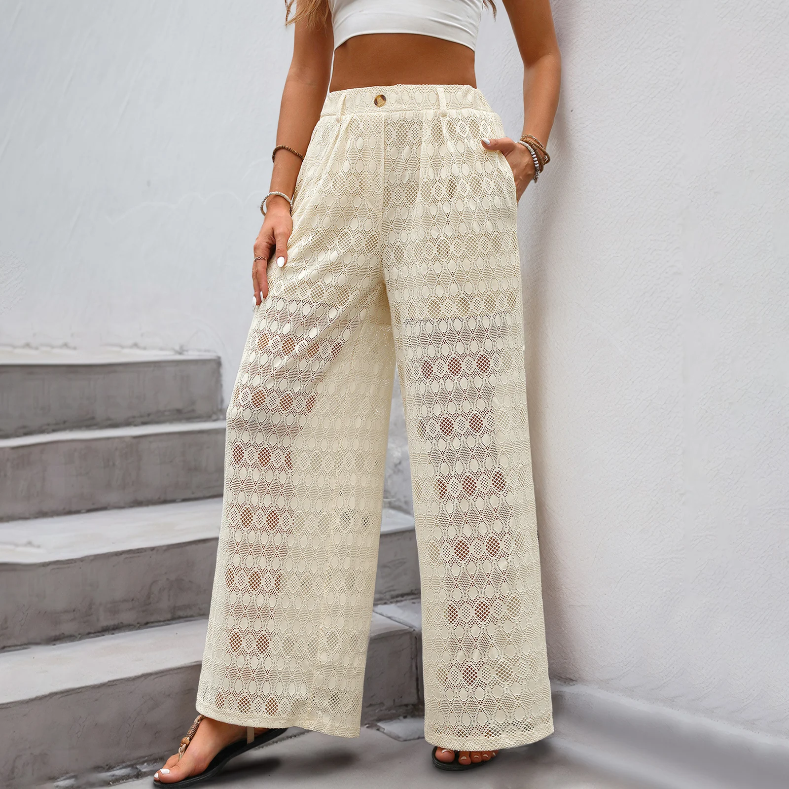 Pantalones transparentes de encaje con flores para mujer, pareo de Bikini, pantalones de pierna ancha bohemios de tiro alto con bolsillos, parte inferior informal, ropa de calle