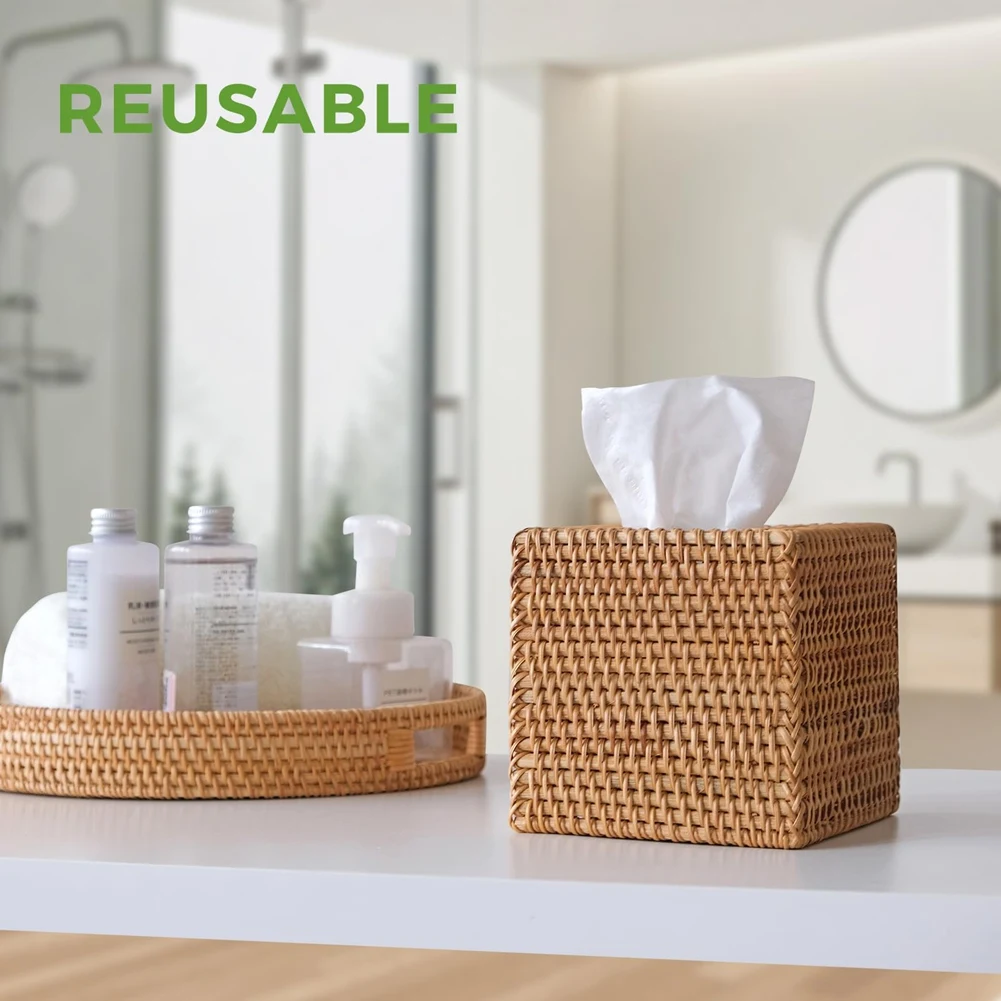 

PZHI-Rattan Tissue Box Cover, Hand Woven Square Wicker Holder For Facial Tissues, For Bathroom Living Room, Tissue Holders
