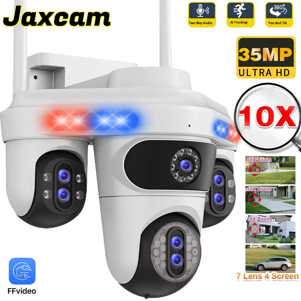 

35MP 10X Zoom WiFi IP Camera 4 Screens 7 Lens Outdoor Wireless PTZ Security Cam Auto Tracking CCTV Surveillance Camera