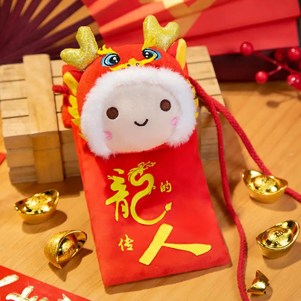 Year of 2024 Dragon Doll Red Envelope Cartoon Zodiac Dragon Mini Lucky Crossbody Bag Chinese New Year Plush Lucky Bag Coin Purse