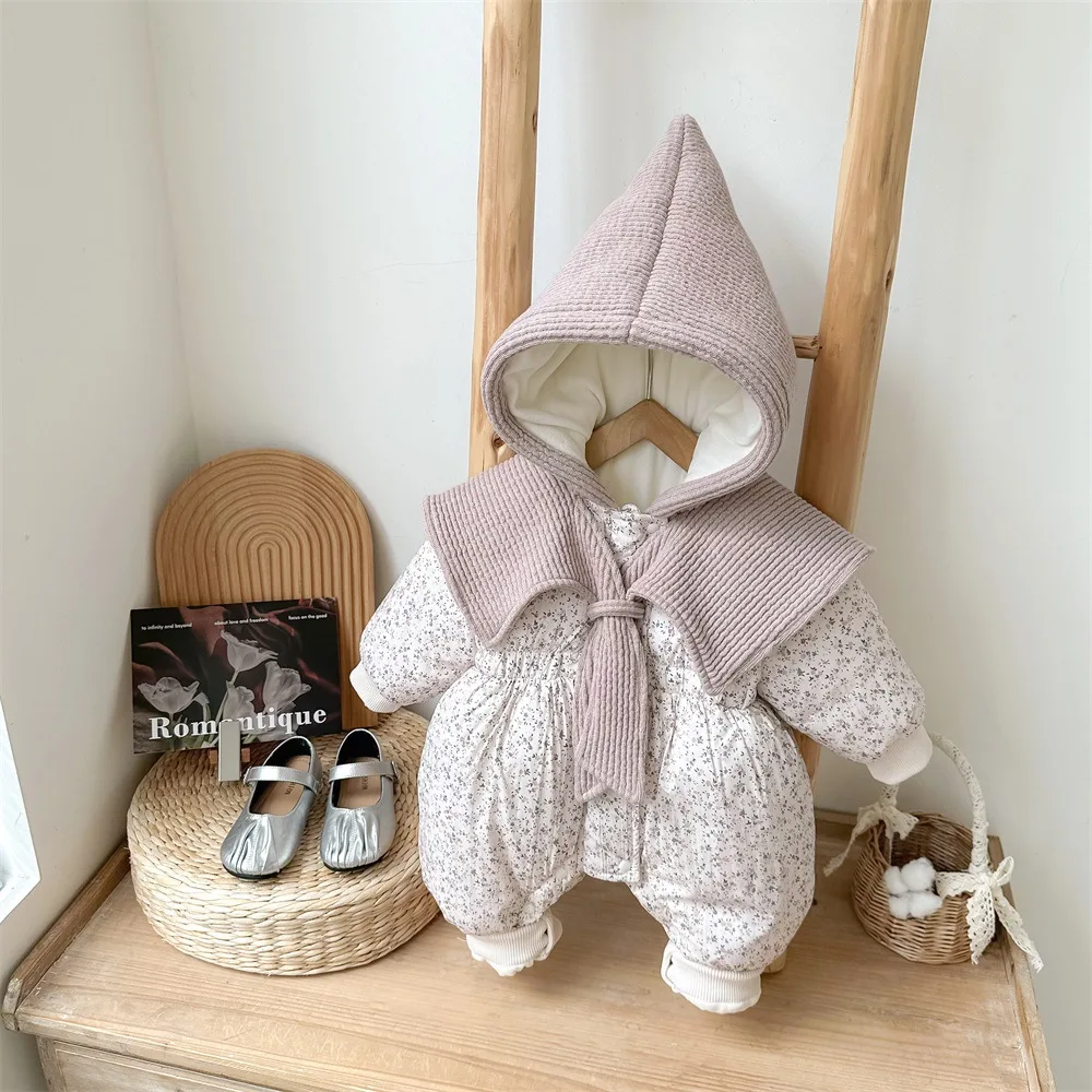 

Зимний комбинезон для новорожденных, корейский модный комбинезон из плотного хлопка, уютная одежда для девочек от 0 до 15 месяцев