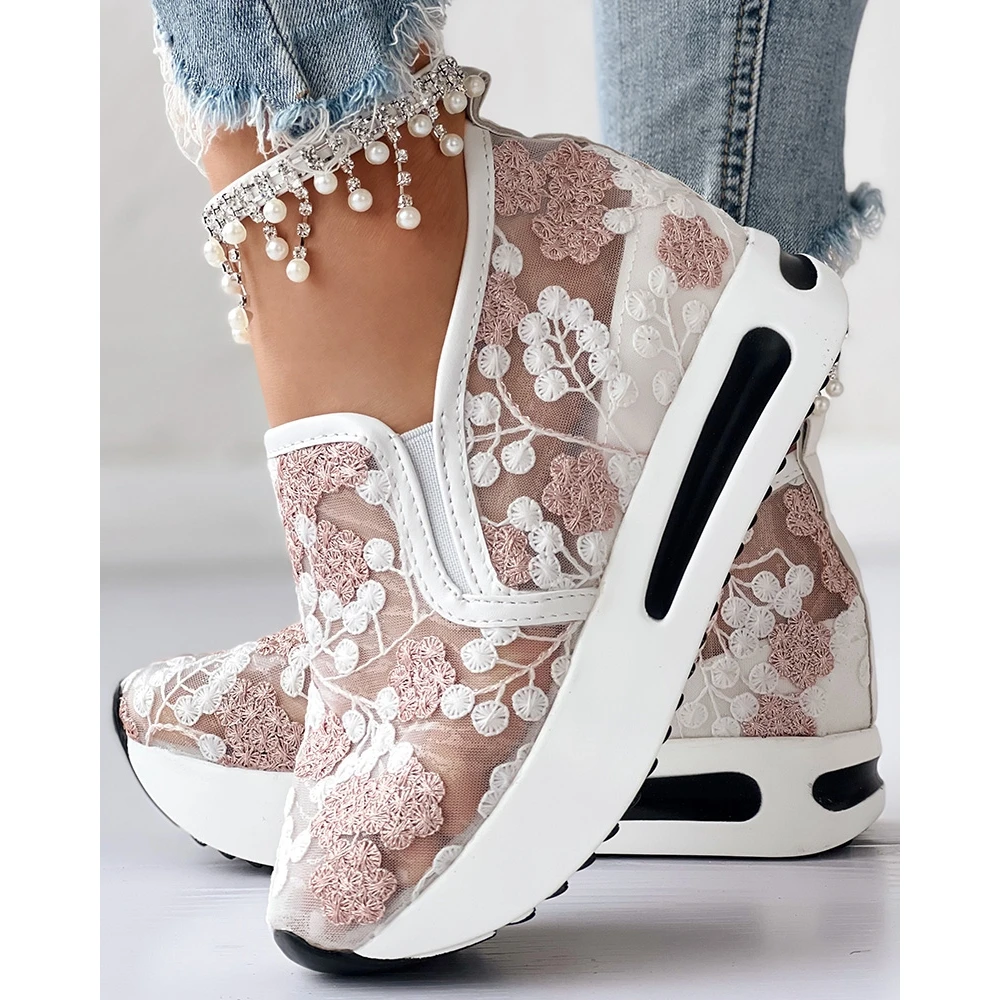 Women Floral Embroidery Sheer Mesh Round Toe Sneakers Autumn Women Casual Daily Platform Shoes Korean Style Spring Summer
