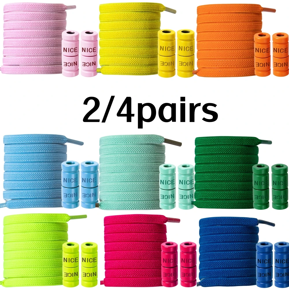 Elastic No Tie Shoelaces for Sneakers 2/4 Pairs 6mm Flat Stretchy Laces Metal Capsule Buckle Fastener Lazy Tieless Shoe Laces