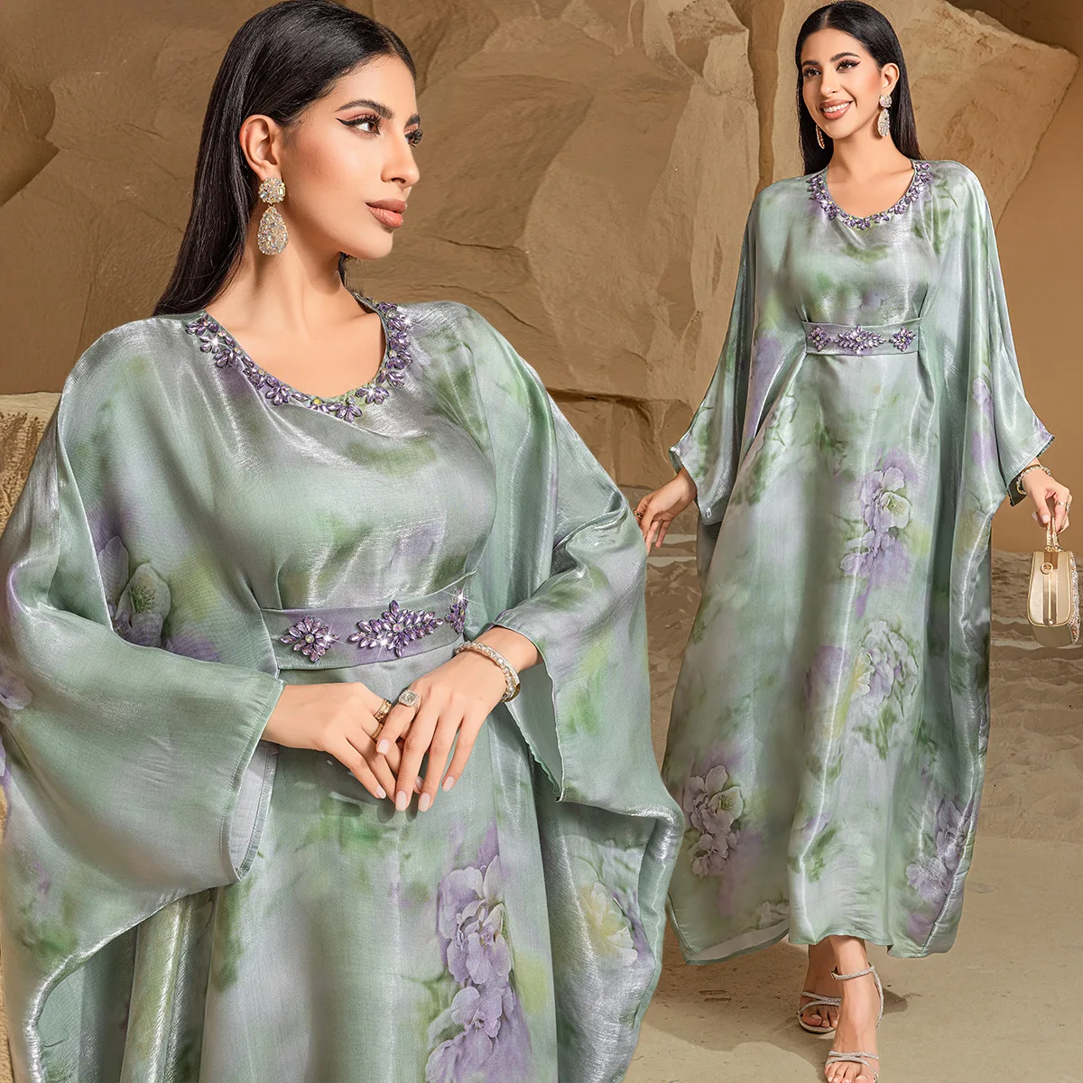 Women's Plus Size Green Printed Elegant Trendy Casual Trendy Daily O-neck Long Sleeve Ankle Length Dresses Female Abaya Sashes