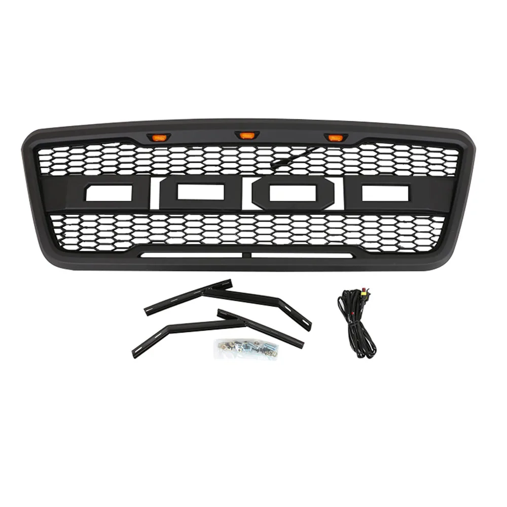 Modified Raptor Style Grey ABS Front Grill Bumper Hood Mesh Grille with Amber LED Lights And+Letters For Ford F150 2004-2008