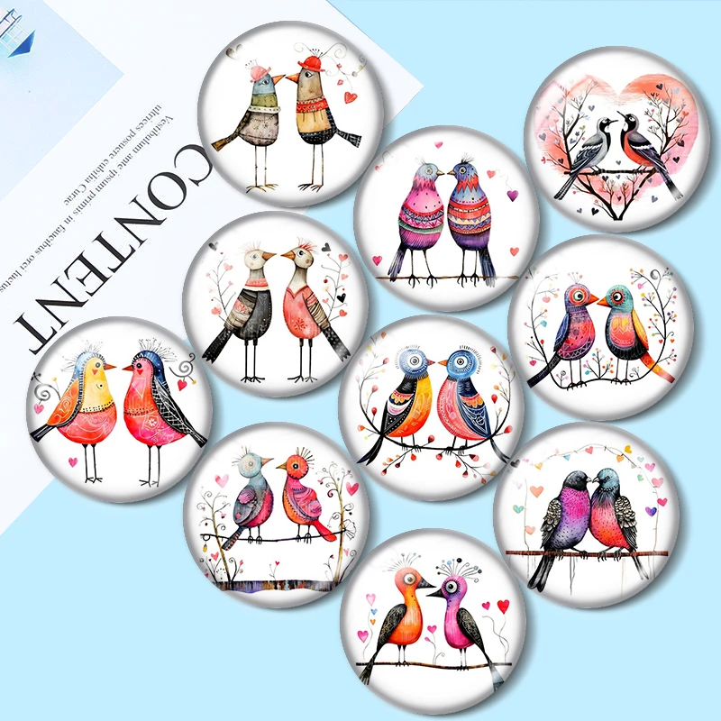 

Whimsical Birds in Love 12mm/18mm/20mm/25mm Round photo glass cabochon flat back Making findings keychain