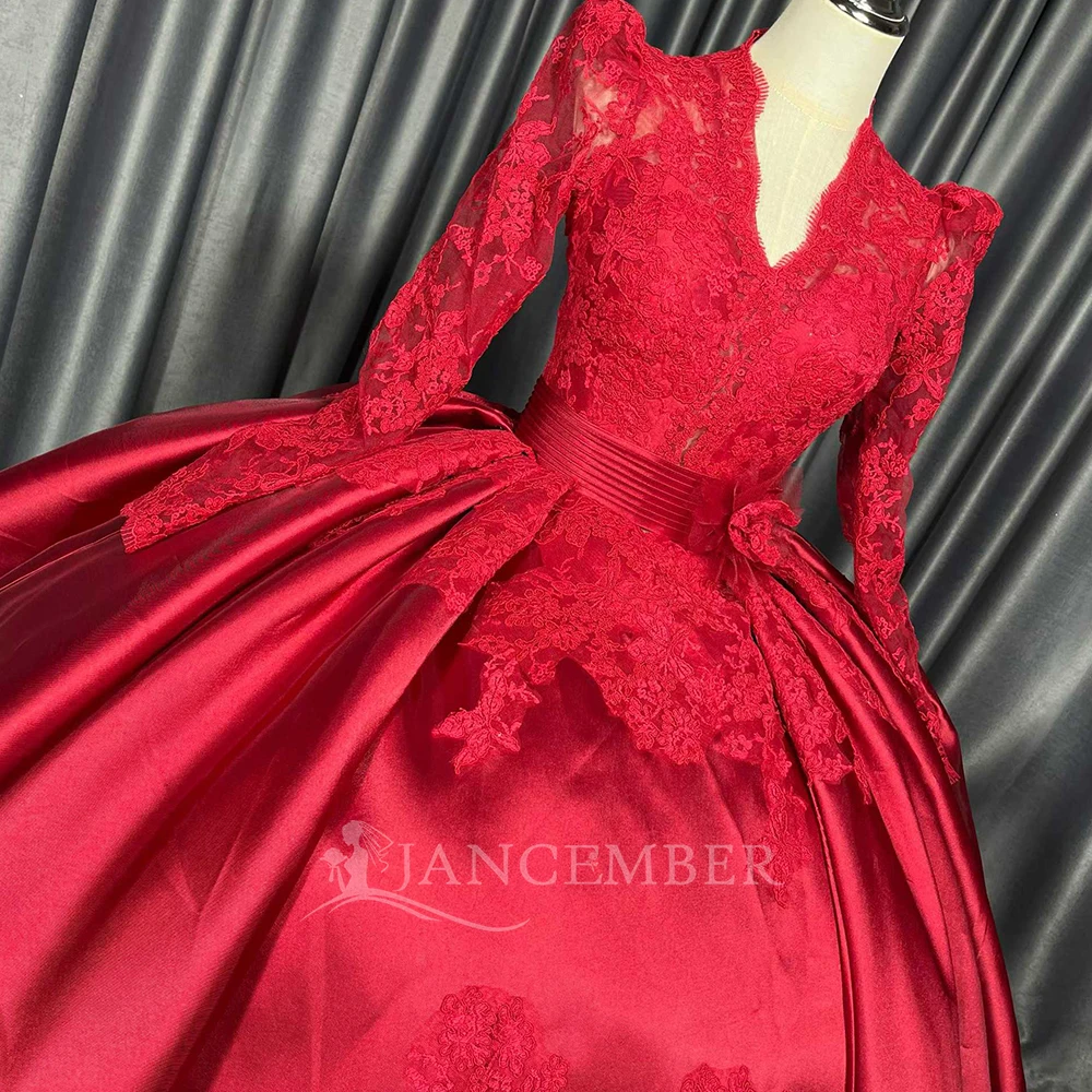 Customized Elegant Ball Gown Princess Wedding Dresses V-neck Long Sleeves Satin Made Bridal Gown Train فساتين حفلات
