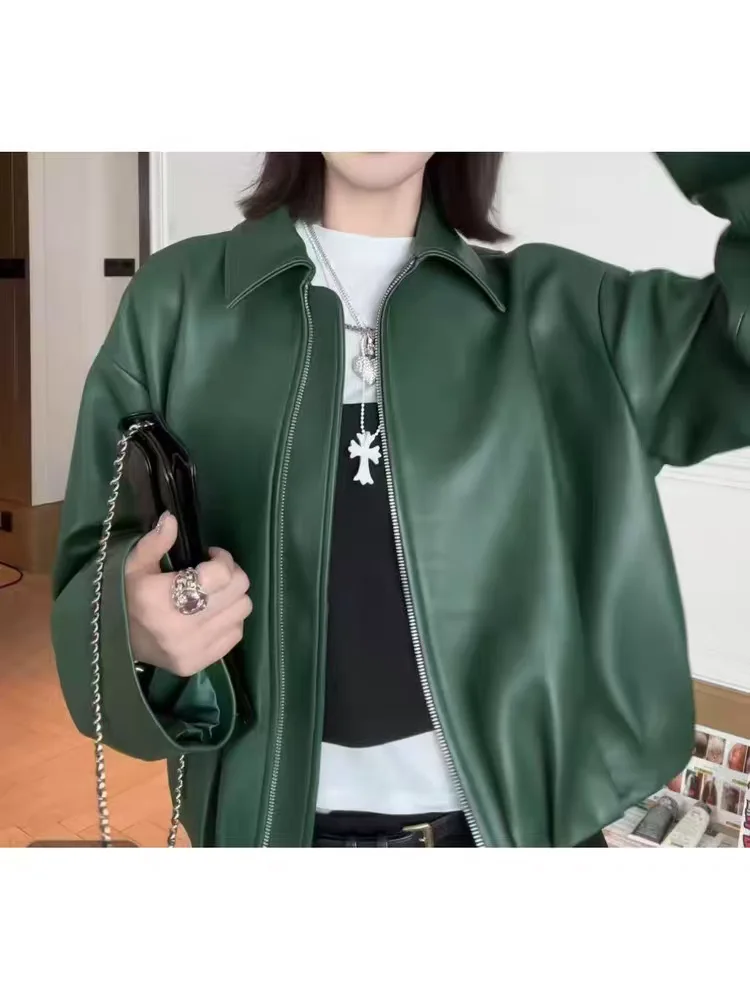 Damska kurtka motocyklowa z prawdziwej skóry bydlęcej, modna odzież wierzchnia do dojazdów do pracy, długa, zapinana na zamek, model 2025.