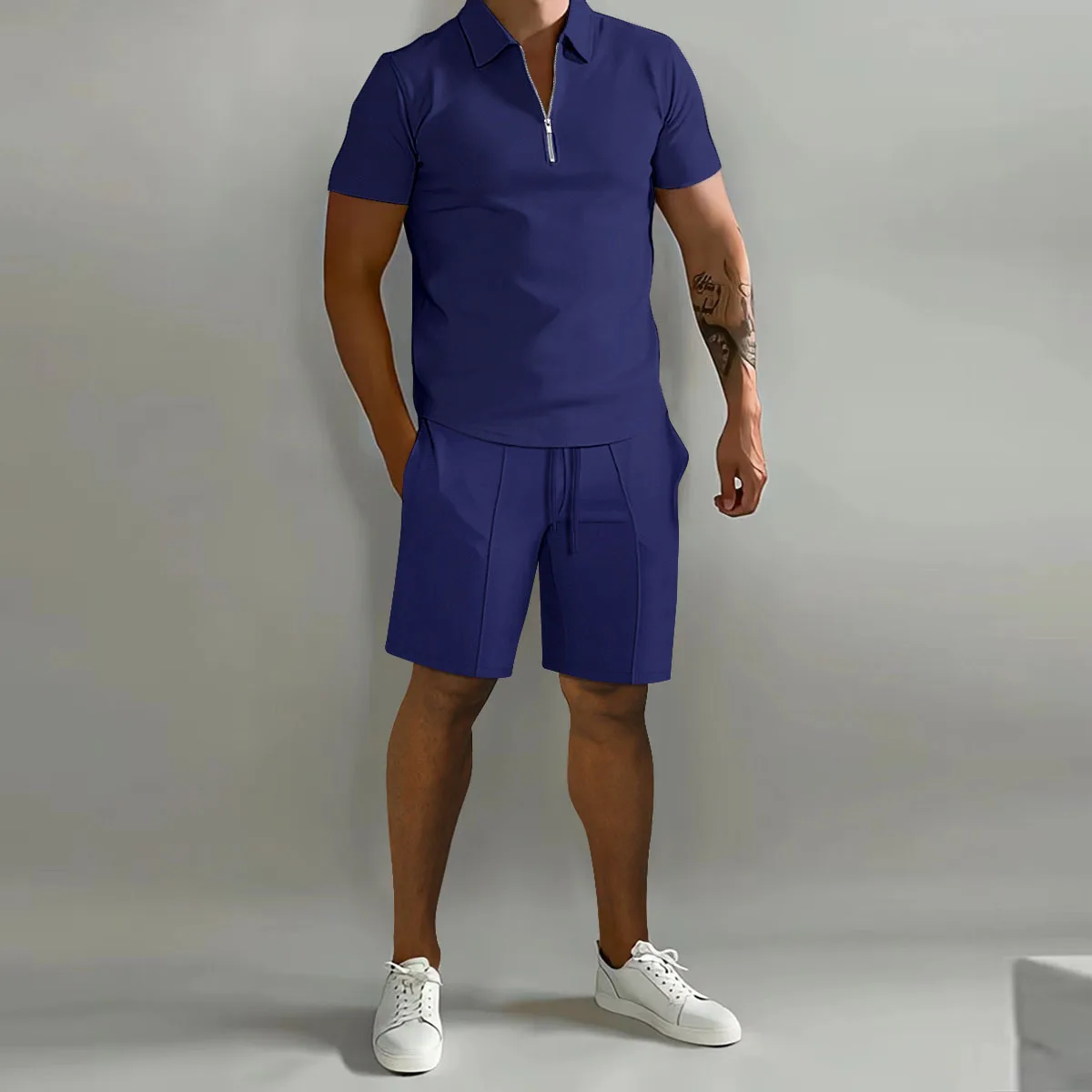 

Men's half-zip polo shirt and shorts set, stylish and form-fitting two-piece sportswear, solid-color summer casual men's clothin
