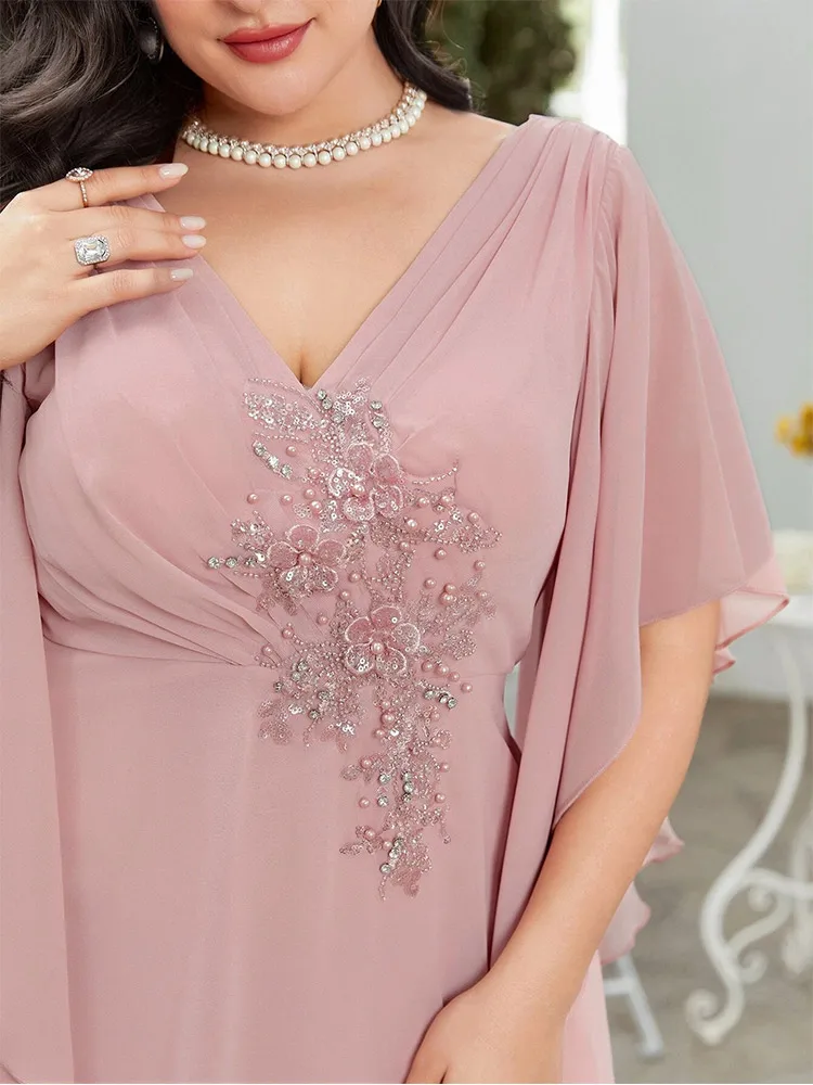 Plus Size V Neck Shawl Pink Chiffon Bridesmaid Evening Dress 4XL 5XL Big Size Plus Size Summer Banquet Evening Dress Women 2024