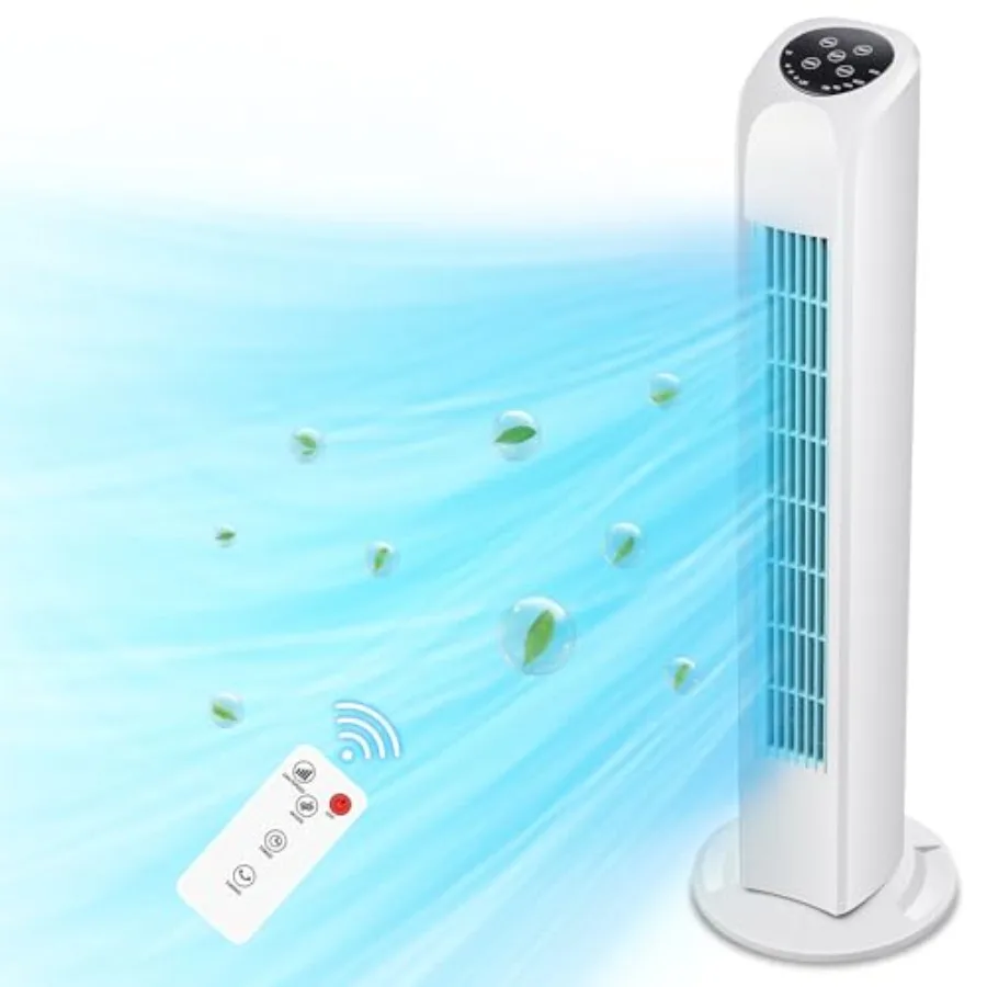 

Tower Fan for Bedroom, 120° Oscillating Standing Floor Bladeless Fans That Blow Cold Air with Remote, 3 Modes 3 Speeds, 7.5H Ti
