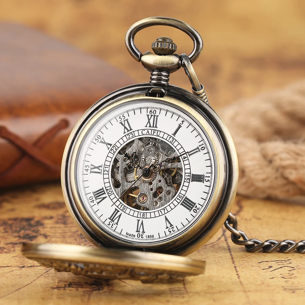 Vintage Bronze Men's Automatic Mechanical Pocket Watch Charm Hollow Flower Phoenix Design Pendant Clock Steampunk Fob Chain Gift